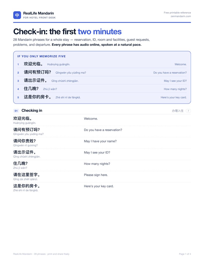 First page of the hotel front desk reference sheet: the masthead, the five must-know phrases, and the check-in section
