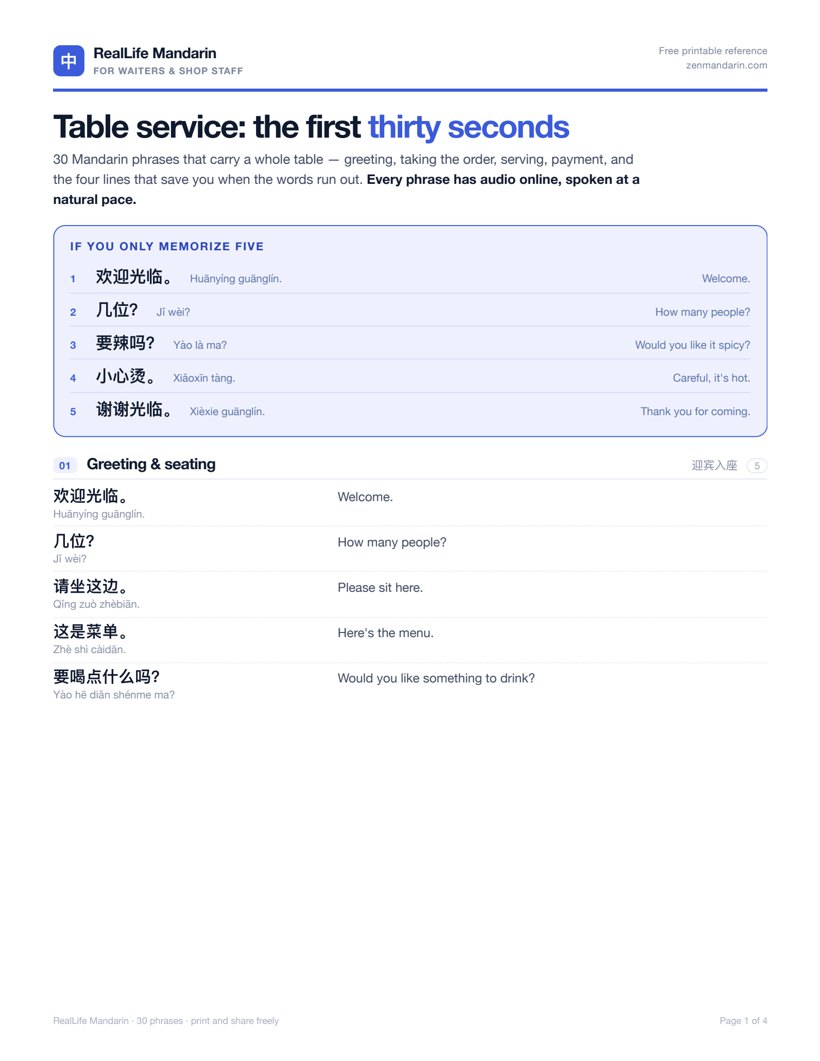 First page of the restaurant floor reference sheet: the masthead, the five must-know phrases, and the greeting and ordering sections